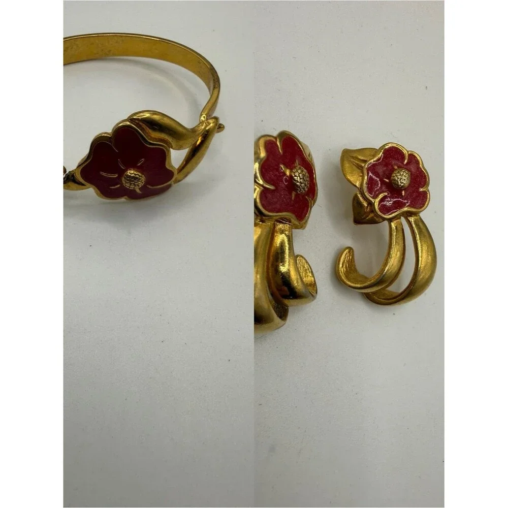 Vintage Avon Tropical Splendor Red Enamel Hibiscus Jewelry Set Bracelet Earrings